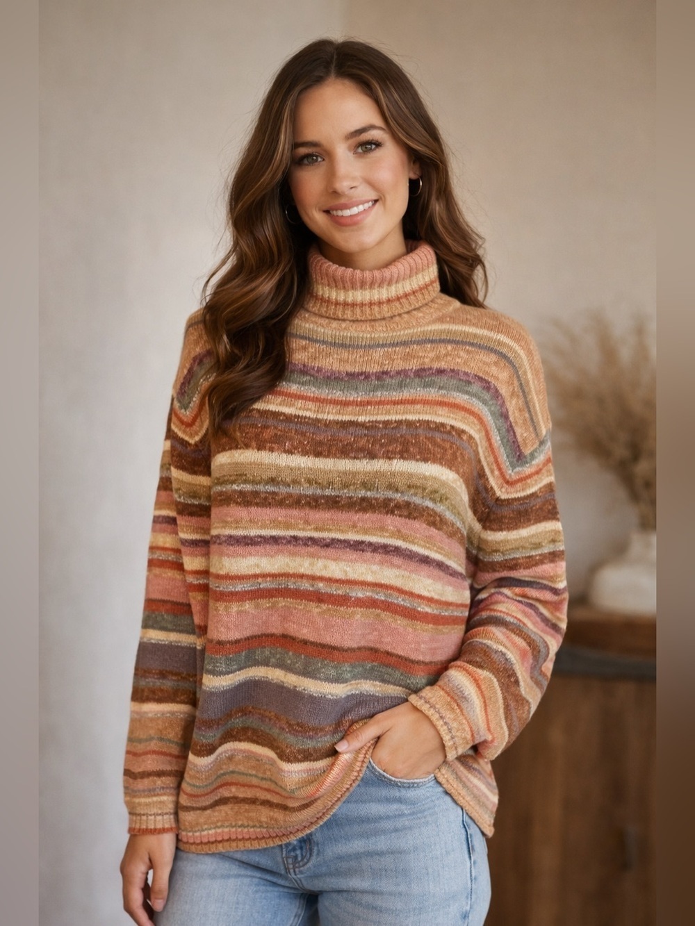 Tiara International Vintage Multi-Colored Ramie Cotton Turtleneck Sweater Sz L
